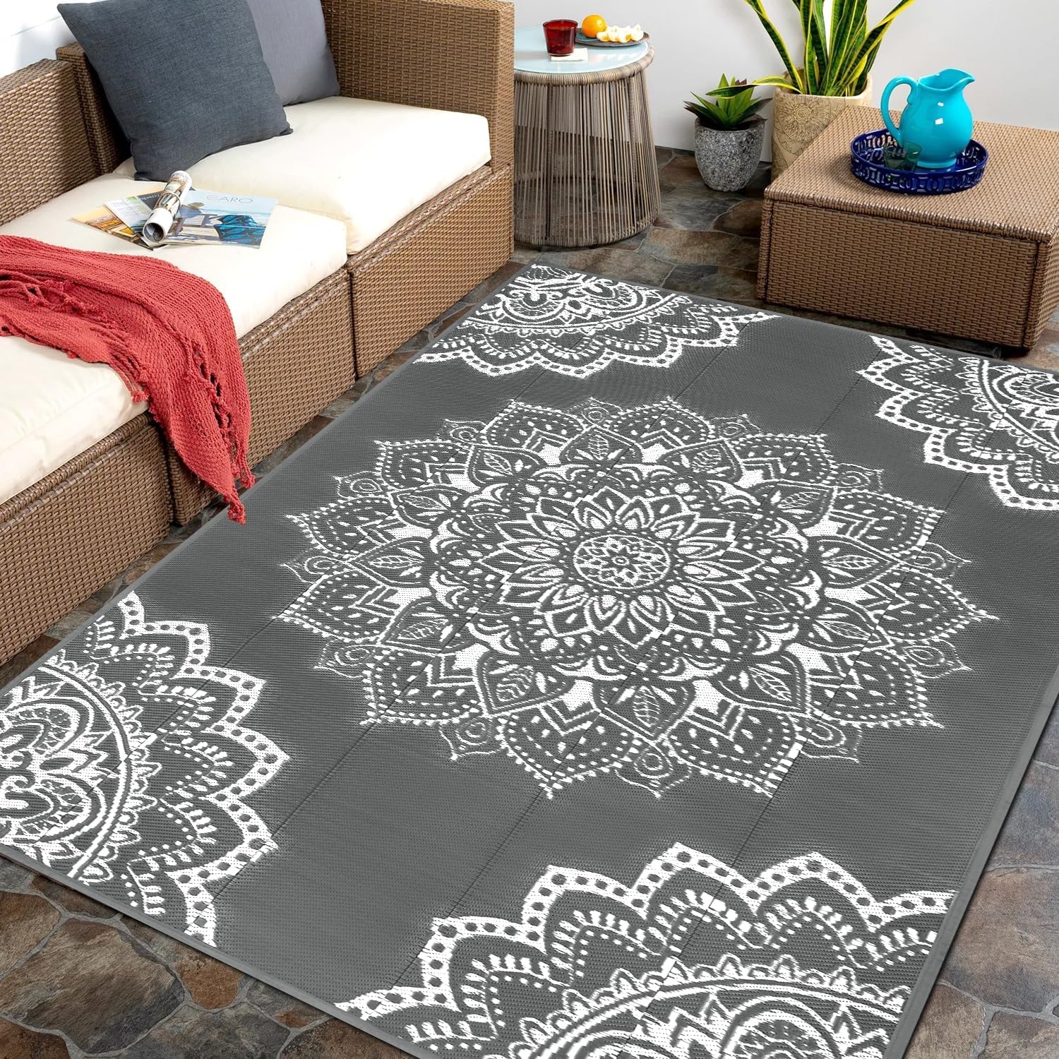 Waterproof Outdoor Rug 5x8 ft, Reversible Plastic Straw Rug (Grey) Z104