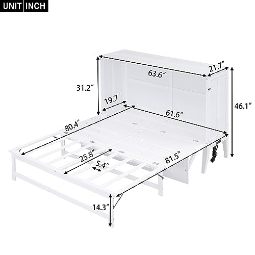 White Queen Size Wood Murphy Bed with Bookcase R27124