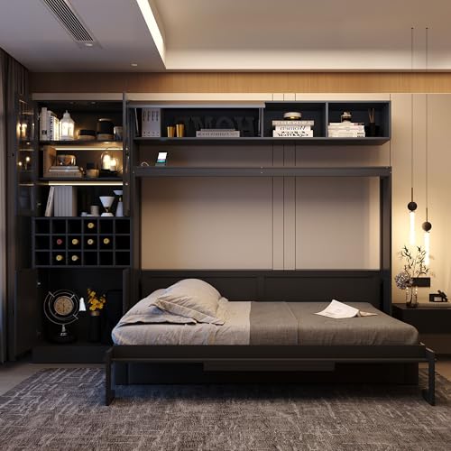 Grey Queen Size Murphy Bed with Sofa and Shelves A256126