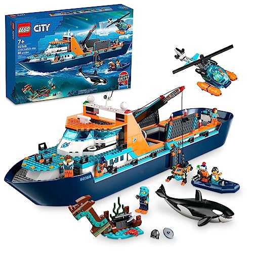 LEGO City Arctic Explorer Ship Building Toy Set with Floatable Boat, Helicopter, Dinghy, ROV Sub, Viking Shipwreck, 7 Minifigures and Orca E9418