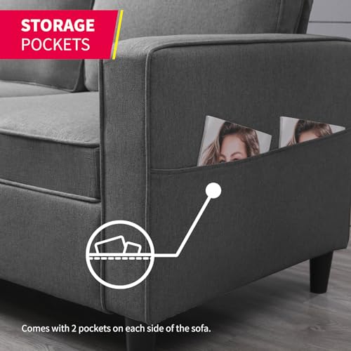 3PCS Linen Upholstered Sofa Set with Side Pockets & Storage Ottoman (Dark Grey) J69317