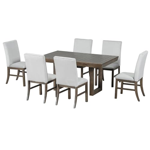 7-Piece Wood Rectangular Dining Table Set with 6 Upholstered Chairs U92966