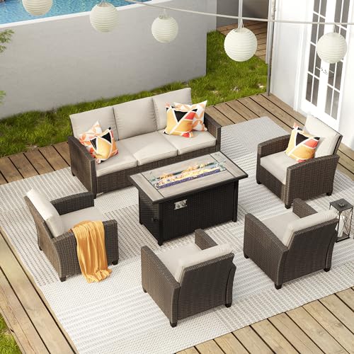 6 Pieces Patio Furniture Set with Firepit Table, Wicker Conversation Set with 3-seat Sofa, 4 Single Wicker Sofas and Metal Top Fire Pit Table H8707