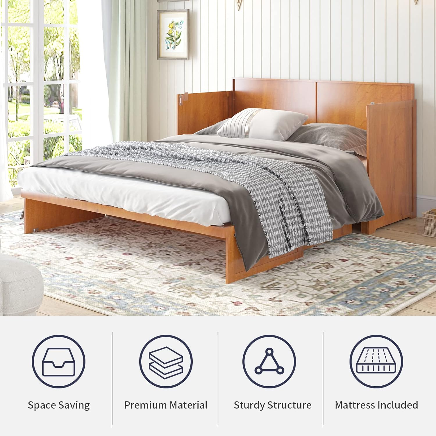 Cherry Murphy Cabinet Bed with Built-in USB Power Strip & 2 Drawers Z938173