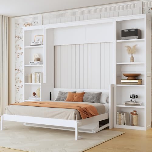 White Full Size Solid Murphy Bed with Desk and Shelves R582381