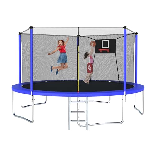 12FT 14FT 15FT 16FT Trampoline with Basketball Hoop, Ladder and Safety Enclosure Net F50251