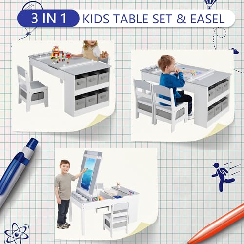 3 in 1 Wood Kids Art Table & Easel Chair Set with 6 Storage Bins D701071