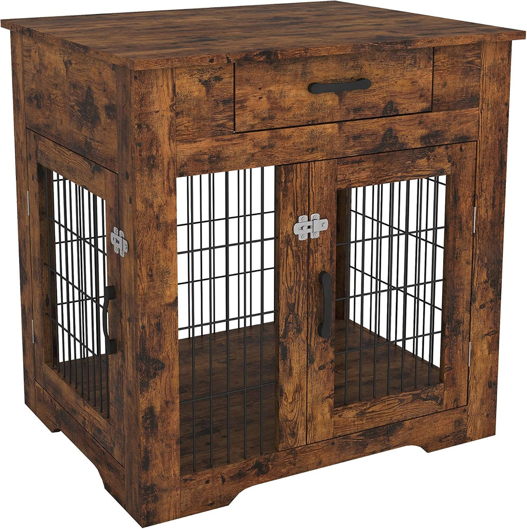 Rustic Brown Dog Crate End Table with Drawer, Double Doors, 29.92in W x 24.8in D x 30.71in H C562