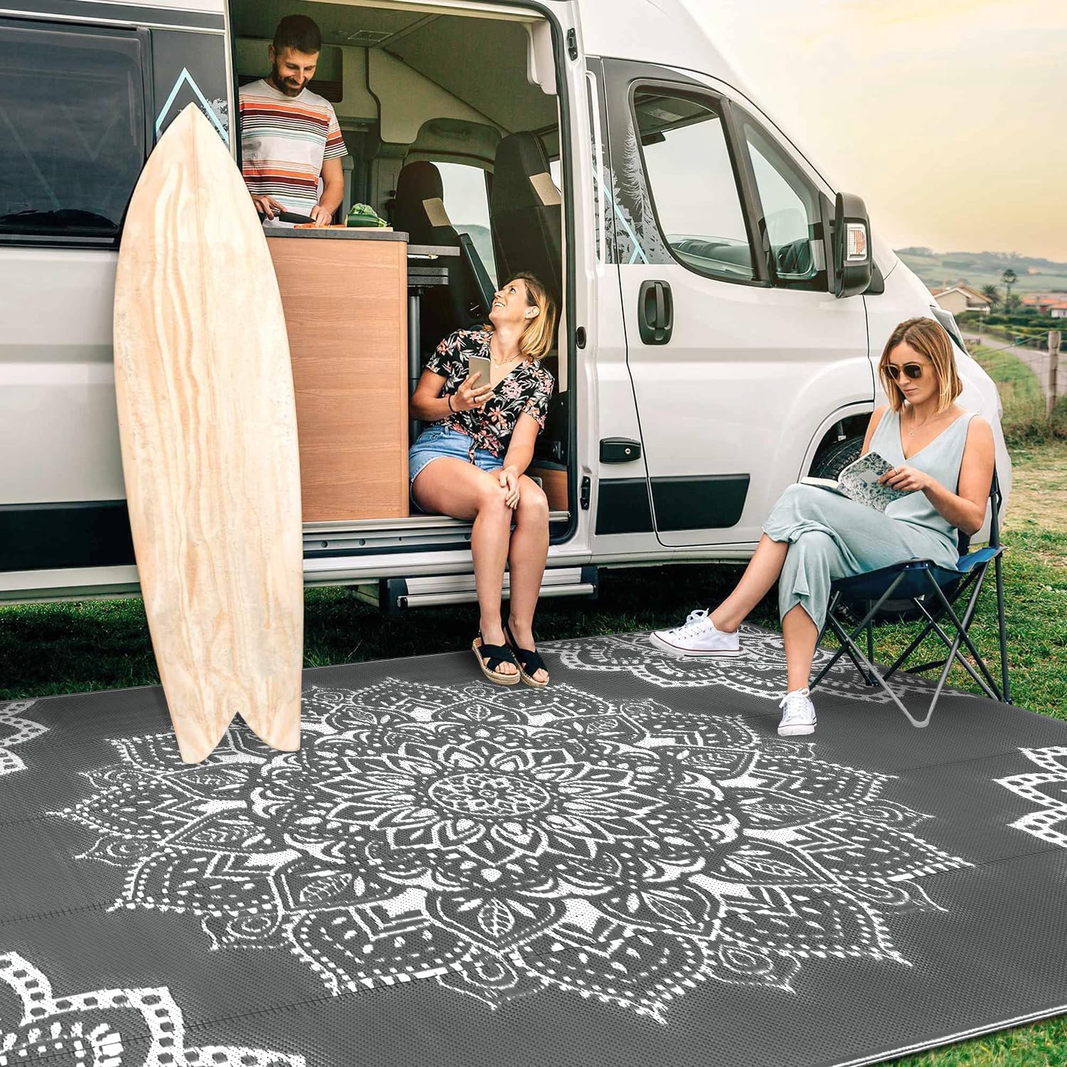 Waterproof Outdoor Rug 5x8 ft, Reversible Plastic Straw Rug (Grey) Z104