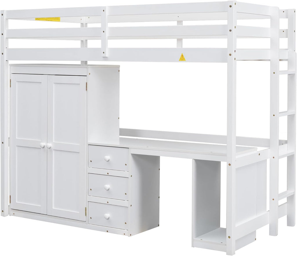 White Twin Wood Loft Bed with Wardrobe Desk and Storage Drawers F87343