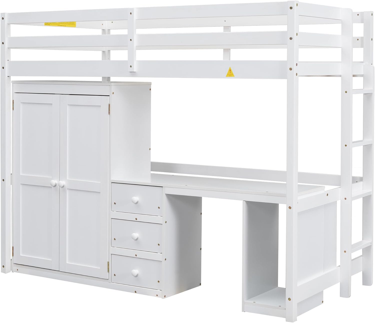 White Twin Wood Loft Bed with Wardrobe Desk and Storage Drawers F87343