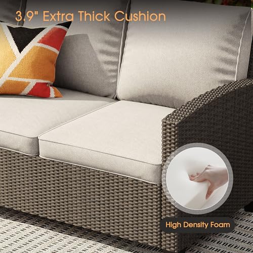 6 Pieces Patio Furniture Set with Firepit Table, Wicker Conversation Set with 3-seat Sofa, 4 Single Wicker Sofas and Metal Top Fire Pit Table H8707