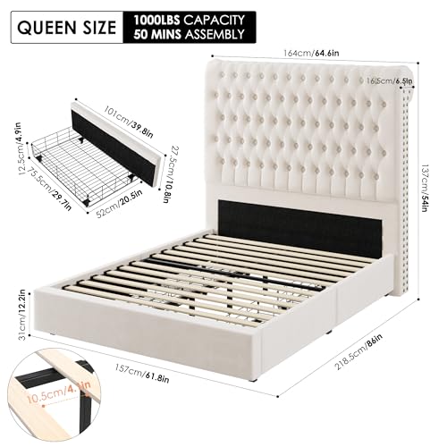 Beige Velvet Upholstered King Size Bed Frame with 4 Under-bed Storage Drawers R343201