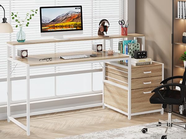 63 Inch Computer Desk with File Drawer Cabinet and Monitor Stand D382391