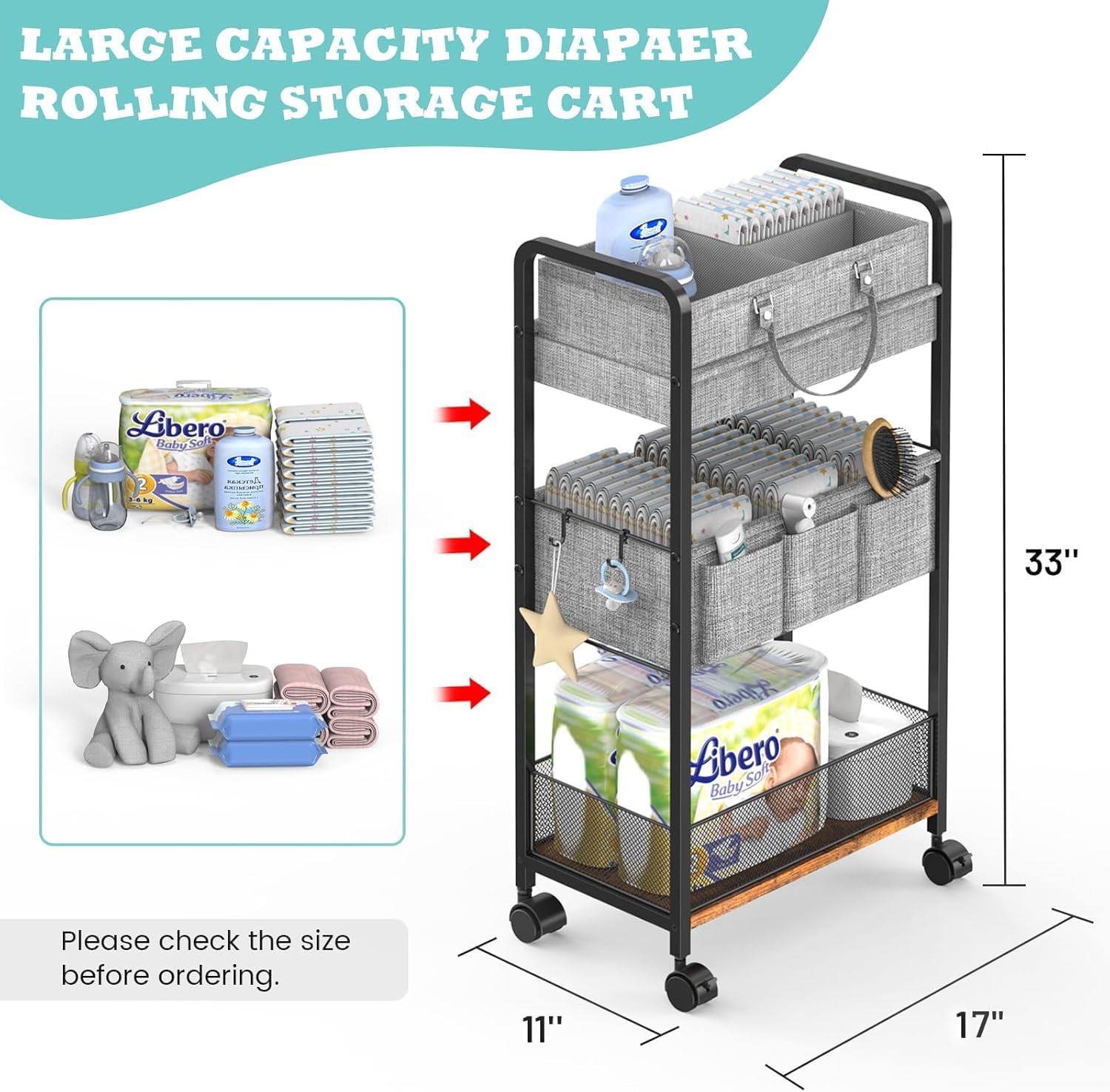 3-Tier Rolling Metal Diaper Cart with Dividers T246518