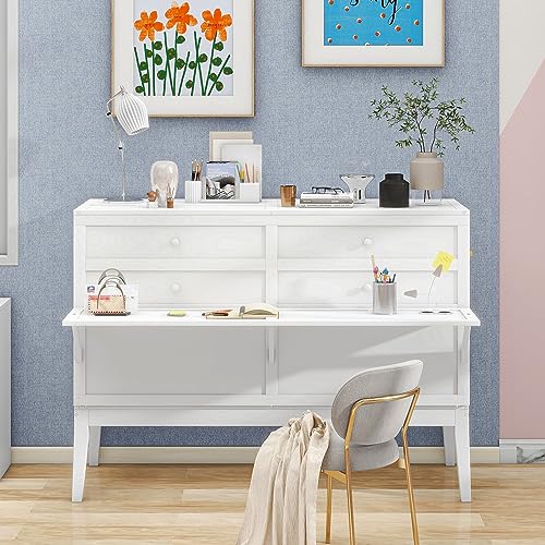 White Queen Size Wood Murphy Bed with Bookcase R27124