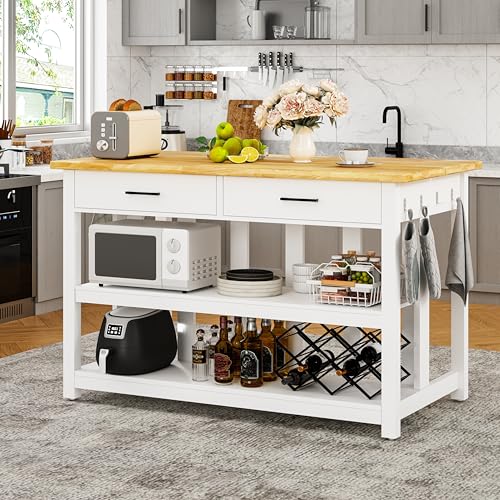 Solid Rubberwood Kitchen Island with Power Outlets, 2 Drawers & Open Shelves (Grey) J869