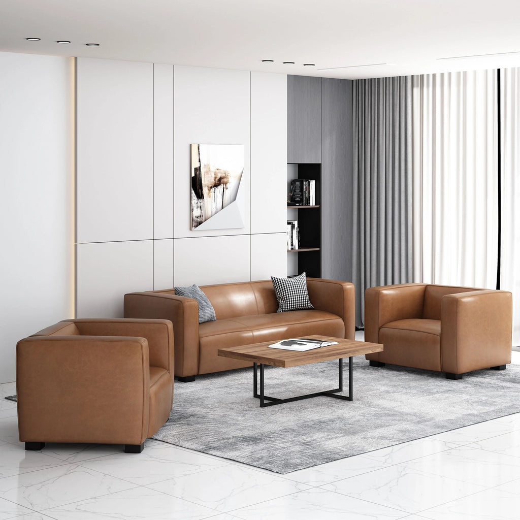 Cognac Brown Faux Leather 3 Piece Club Chair and Sofa Set Y2051