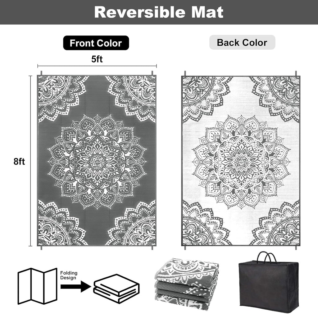 Waterproof Outdoor Rug 5x8 ft, Reversible Plastic Straw Rug (Grey) Z104