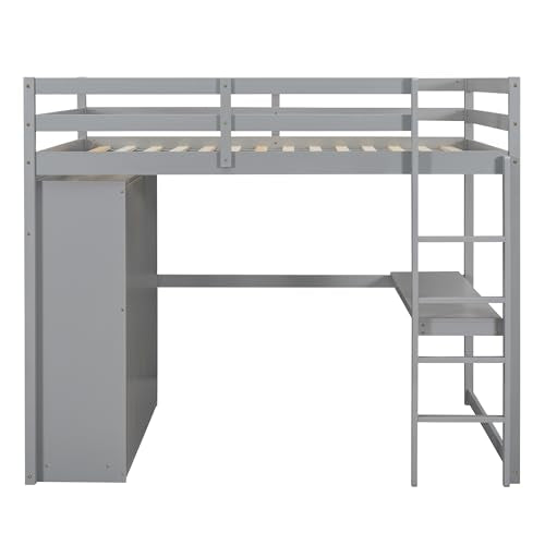 White Solid Wood Full Size Loft Bed with Desk and Drawers G222837