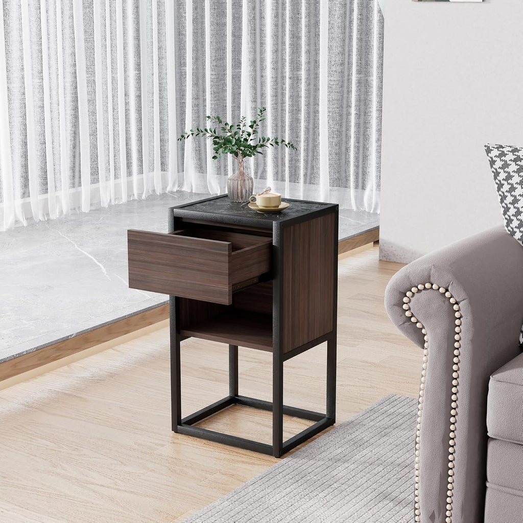 Brown+Light Gray Wood Side Table with Storage Drawer U63674