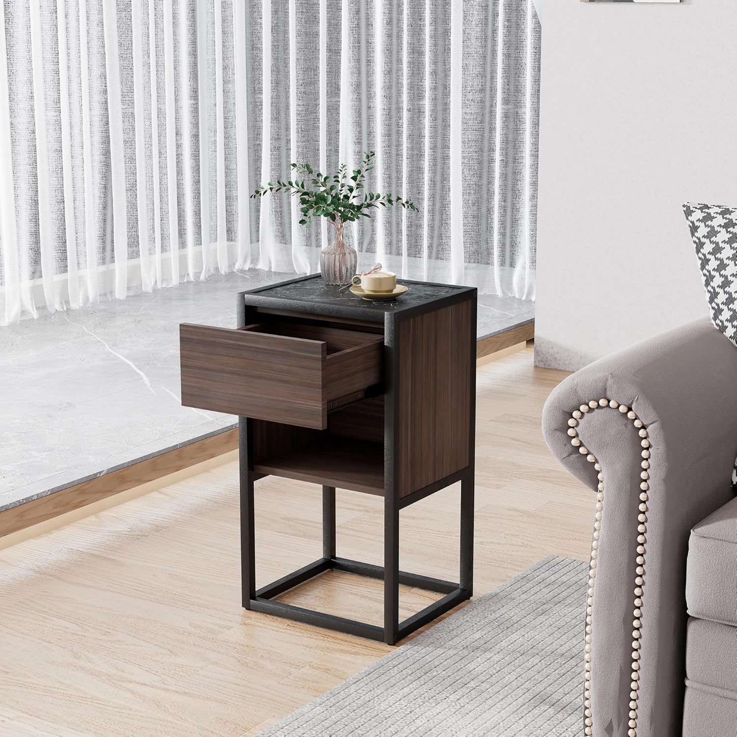 Brown+Light Gray Wood Side Table with Storage Drawer U63674