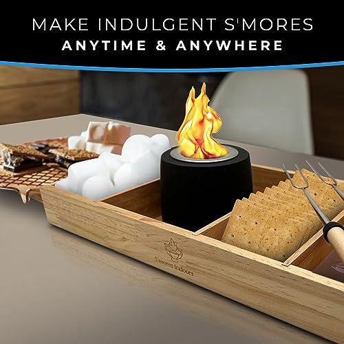Portable Smores Maker Kit with Pine Wood Tray, Alcohol-Powered Concrete Fire Pit Bowl, 2 Roasting Sticks B9971