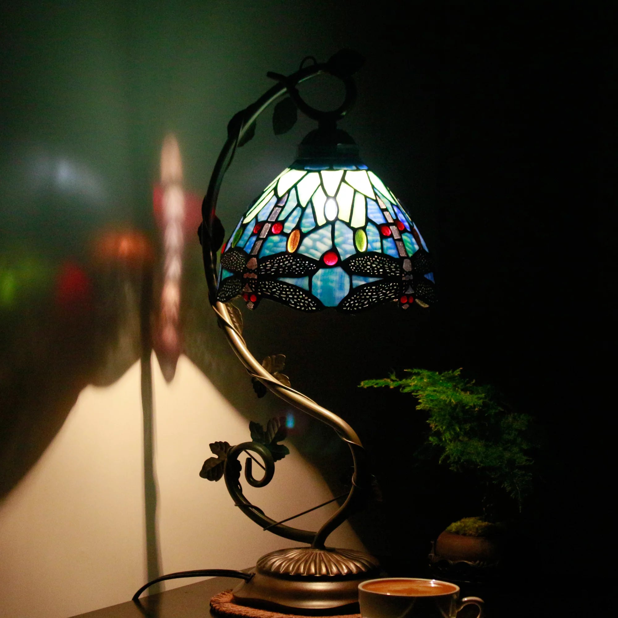 Blue Dragonfly Stained Glass Table Lamp with Metal Leaf Base H738