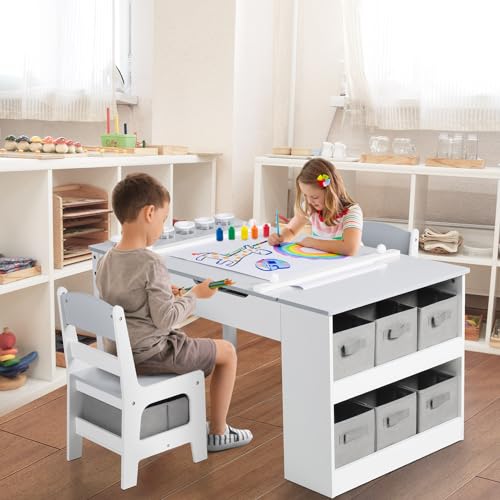3 in 1 Wood Kids Art Table & Easel Chair Set with 6 Storage Bins D701071