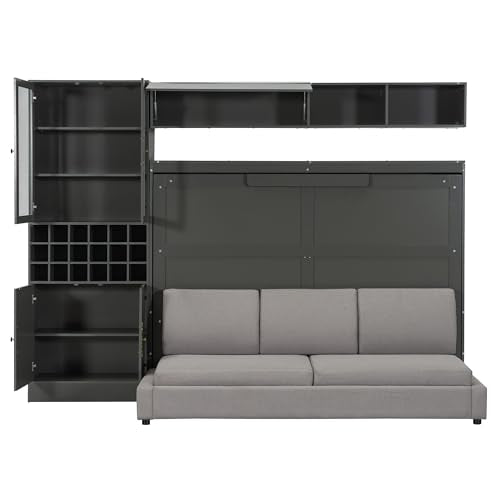 Grey Queen Size Murphy Bed with Sofa and Shelves A256126