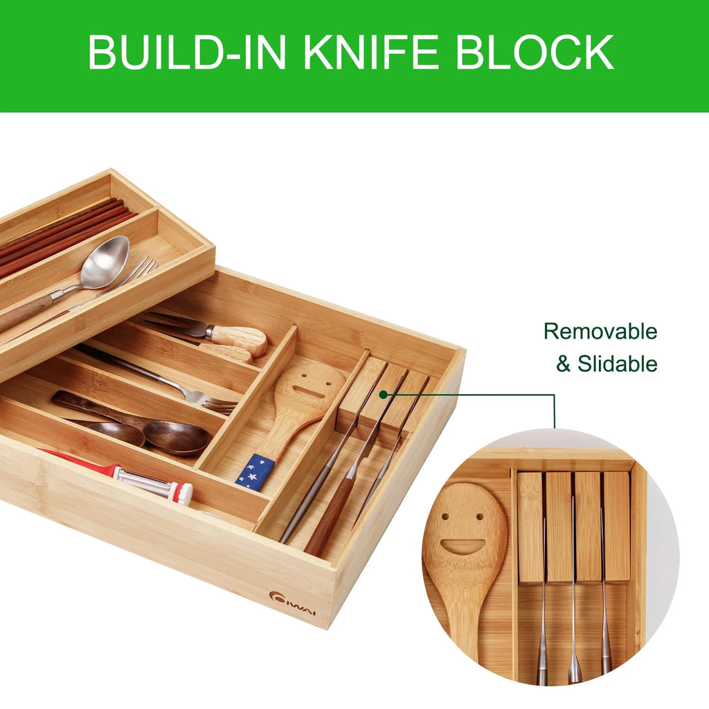Bamboo Double Layer Kitchen Drawer Organizer with Sliding Tray, Removable Knife Block, Utensil Silverware Cutlery Storage Box, Brown F853