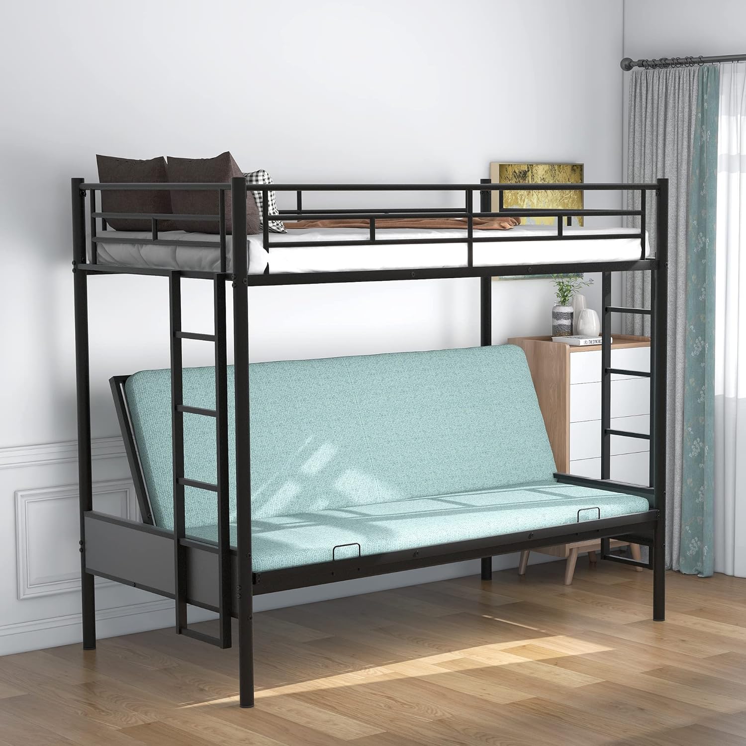 Twin Over Futon Full Bunk Bed with Metal Frame Black V3967