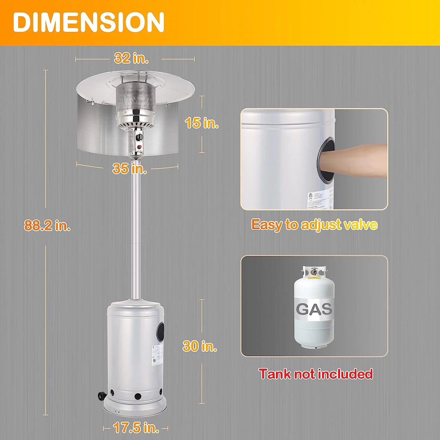 50,000 BTU Propane Patio Heater with Reflector, Stainless Steel Burner, Wheels, Silver P937