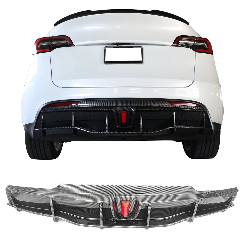 Rear Diffuser Lip for Tesla Model Y Sport 4-Door Carbon Fiber Print PP Rear Lower Bumper Protector Lip With LED Lamp S648680