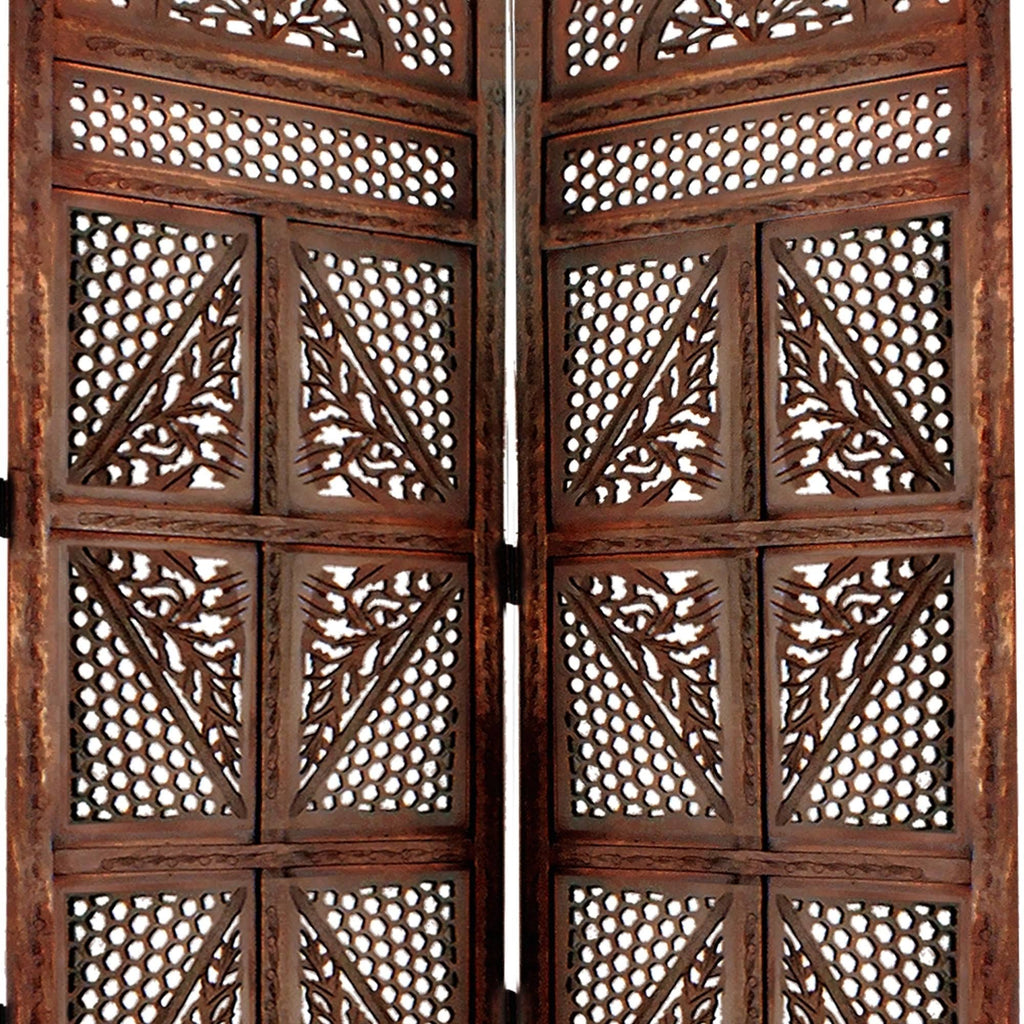 Antique Brown Four Panel Wooden Room Divider R6618