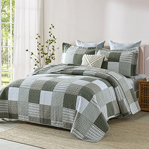 100% Cotton Navy Blue Grey Plaid Queen Size 3 Pieces Quilt V255778