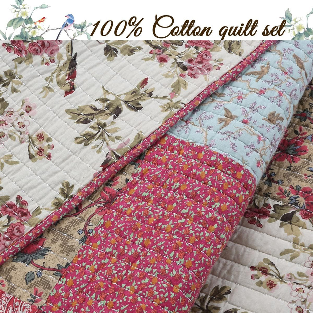 Red Teal Khaki Floral 100% Cotton Reversible Coverlet Bedspread Quilt Bedding Set (Queen - 3 Piece) M70903