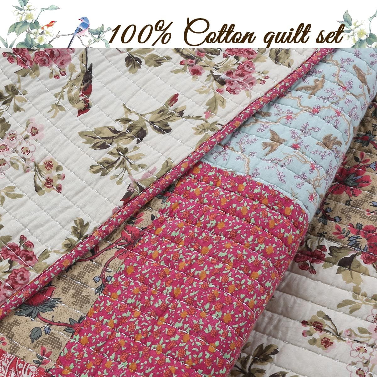 Red Teal Khaki Floral 100% Cotton Reversible Coverlet Bedspread Quilt Bedding Set (Queen - 3 Piece) M70903
