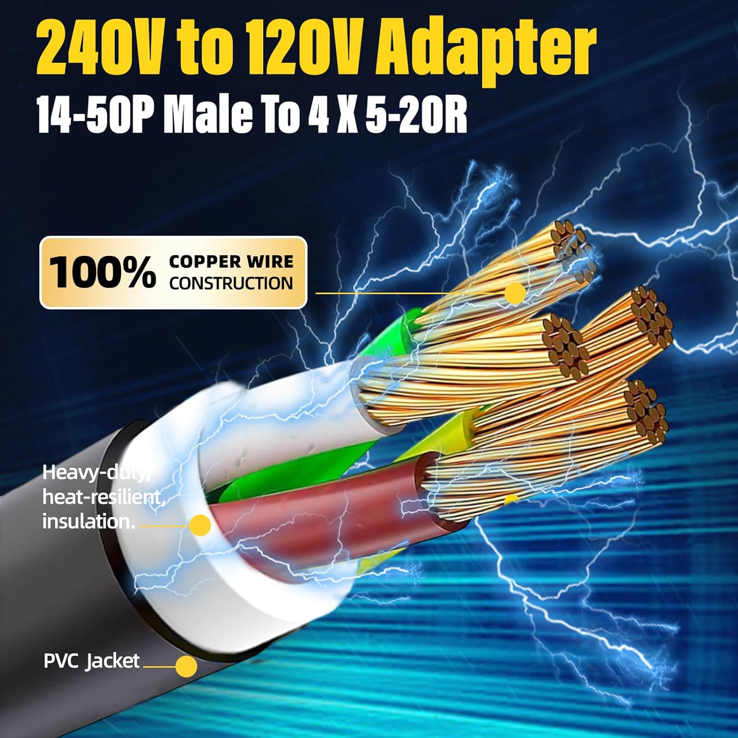4 Prong NEMA 14-50P Male to 4X 5-20R Household Outlet Female 1.8FT Adapter X1906