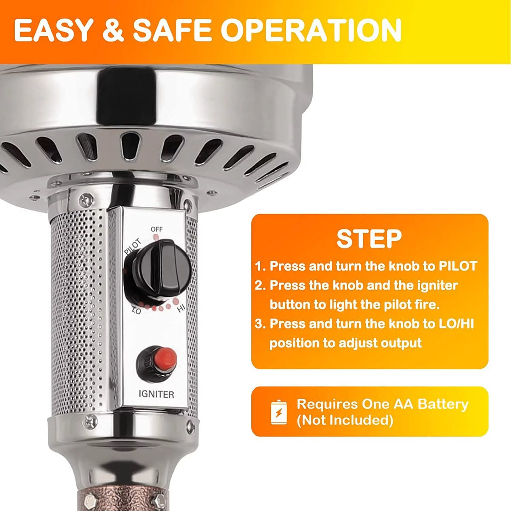 50,000 BTU Propane Patio Heater with Reflector, Stainless Steel Burner, Wheels, Silver P937