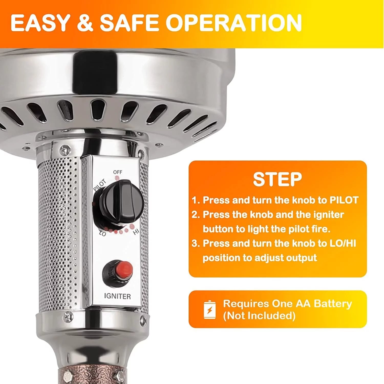 50,000 BTU Propane Patio Heater with Reflector, Stainless Steel Burner, Wheels, Silver P937