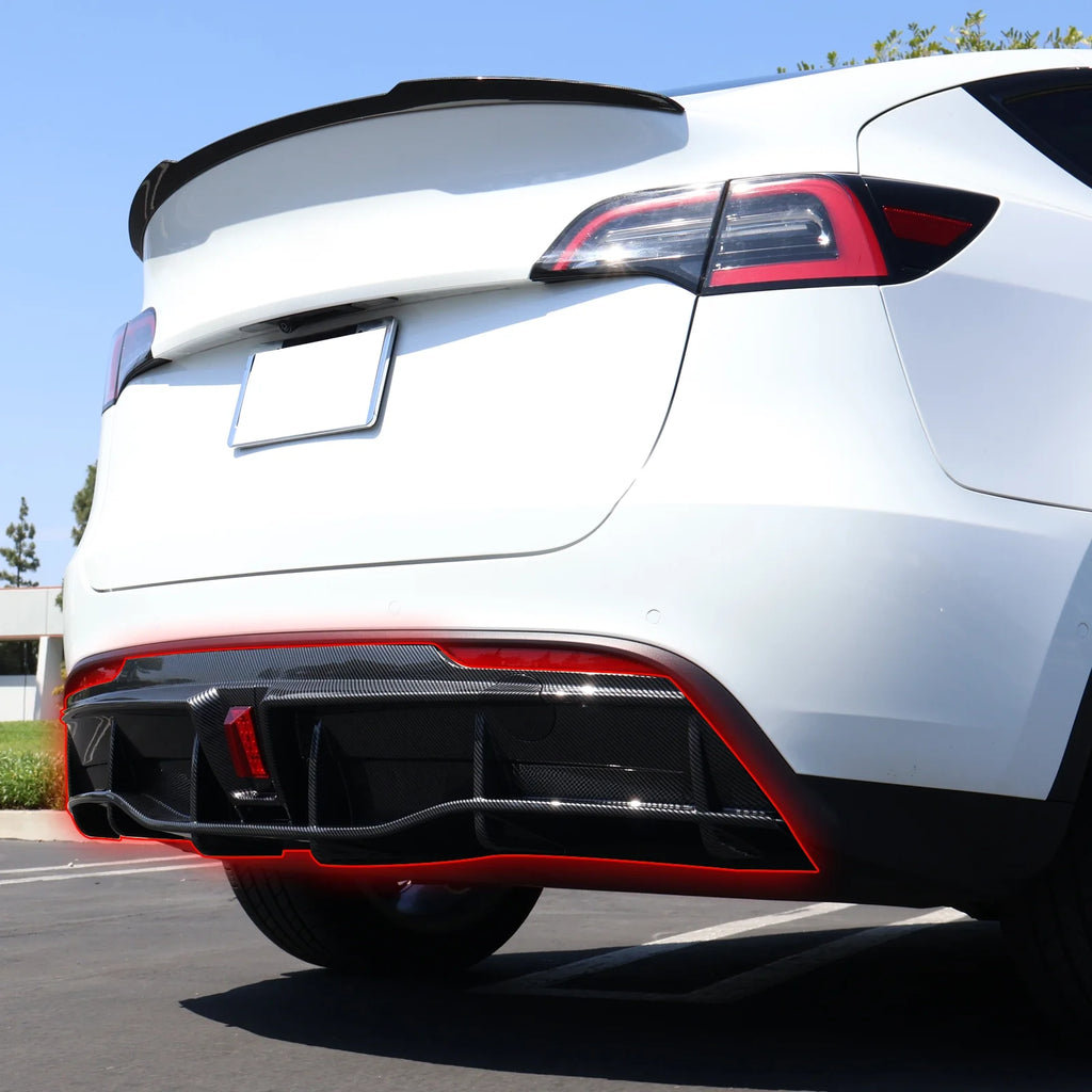 Rear Diffuser Lip for Tesla Model Y Sport 4-Door Carbon Fiber Print PP Rear Lower Bumper Protector Lip With LED Lamp S648680
