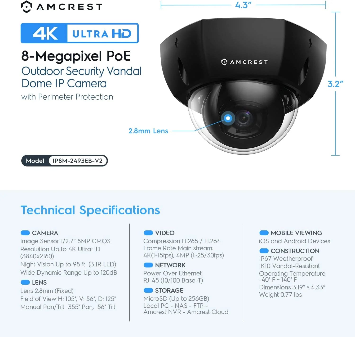 4K 8MP Outdoor Security POE IP Dome Camera with 98ft NightVision 2.8mm Lens A4913
