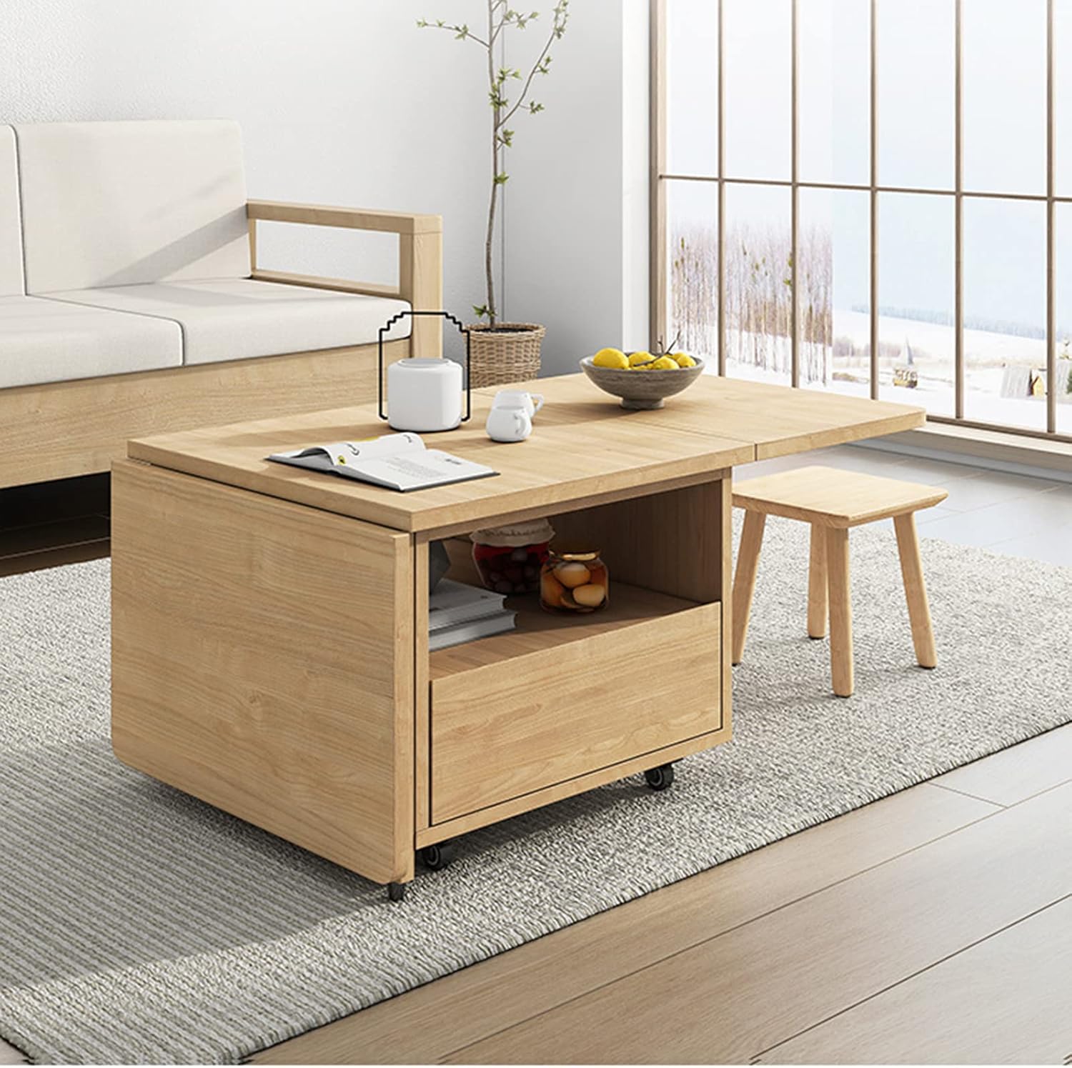 Solid Wood Drop-Leaf Folding Coffee Table with Rollers, 1.4m D84366