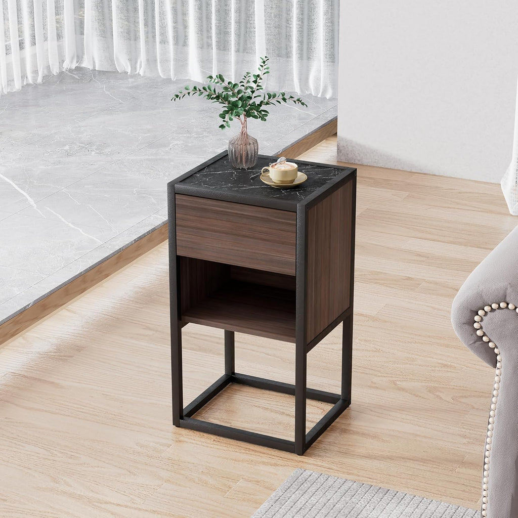 Brown+Light Gray Wood Side Table with Storage Drawer U63674