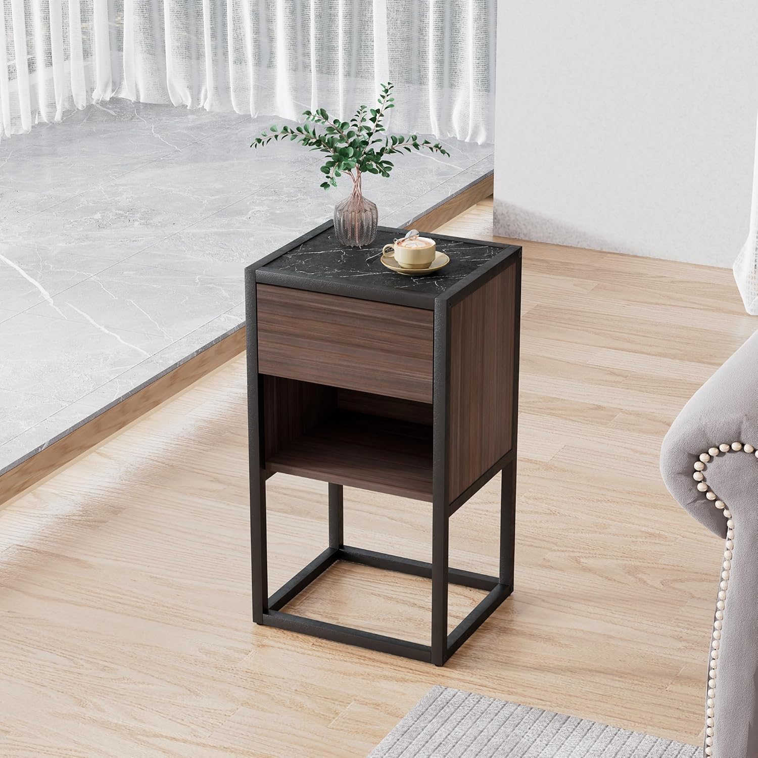 Brown+Light Gray Wood Side Table with Storage Drawer U63674