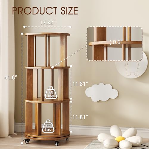 Walnut Solid Wood Rotating Bookshelf with Swivel Wheels O37649