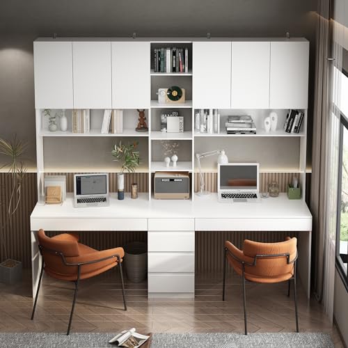 White 94.5" L Computer Desk with 6 Drawers, 15 Shelves & 6 Doors L274