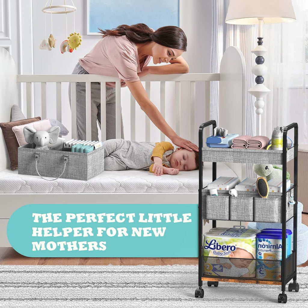 3-Tier Rolling Metal Diaper Cart with Dividers T246518