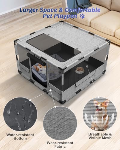 Gray 43x43x26 Inches Portable Dog Playpen with Top Cover T65543